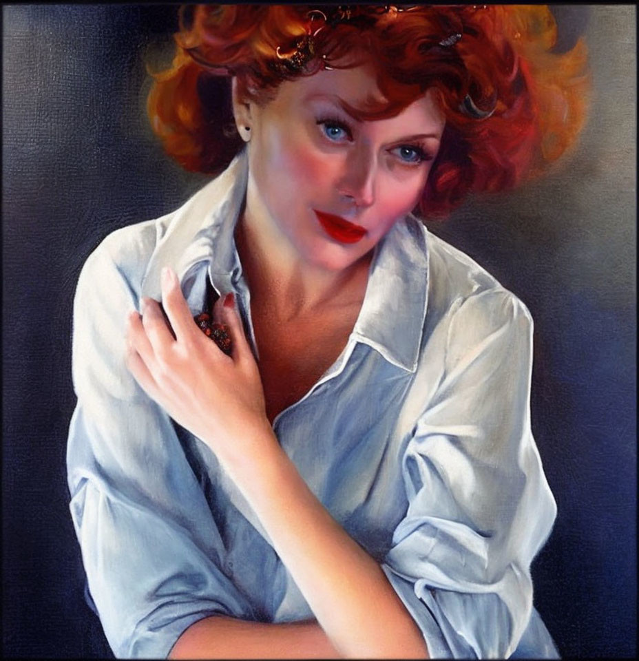 Stylized portrait of woman with red curly hair and white shirt