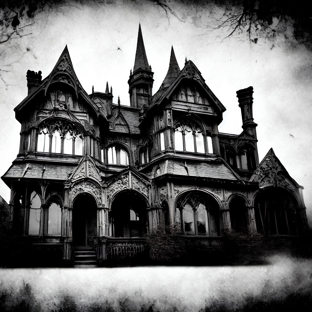 Gothic-style mansion with pointed arches in black and white