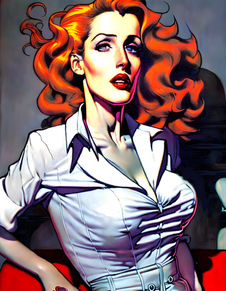 Red-haired woman in white blouse with corset waist, posing thoughtfully