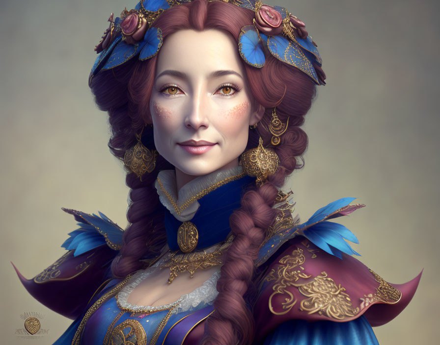 Portrait of woman with braided auburn hair and blue & gold adornments smiling softly