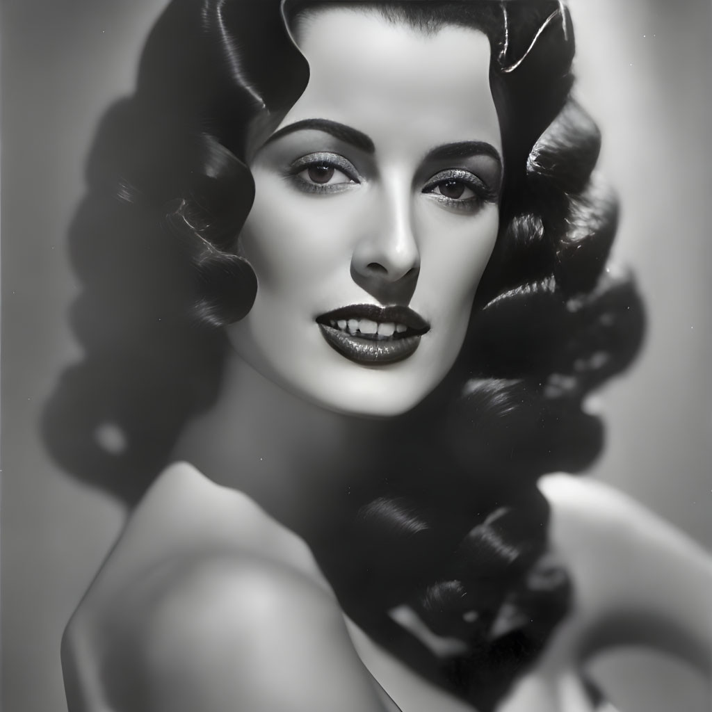 Monochrome portrait of woman with voluminous curly hair