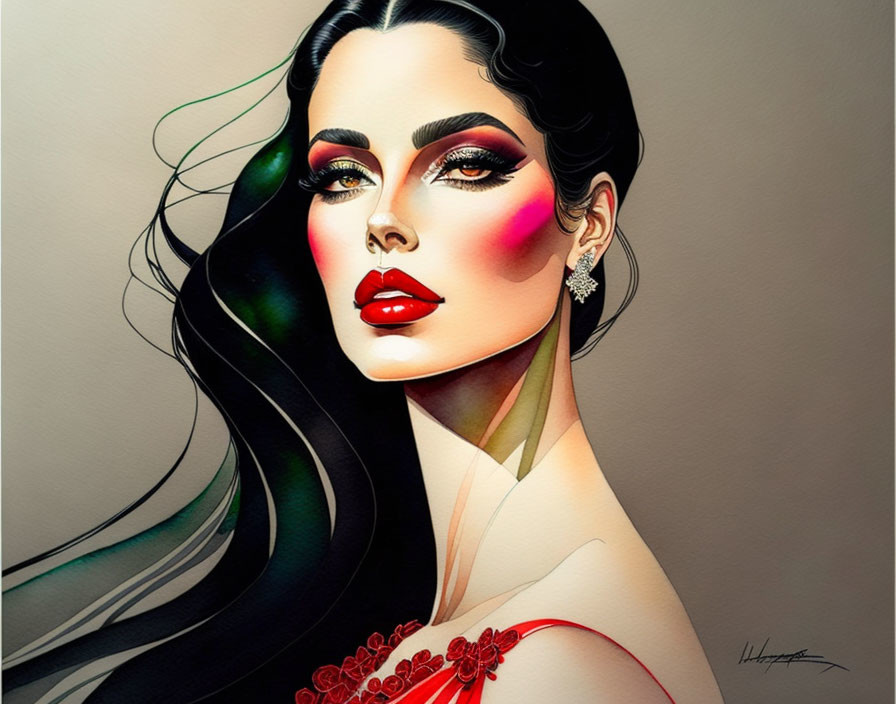 Detailed illustration of woman with black hair, red lipstick, and floral shoulder detail