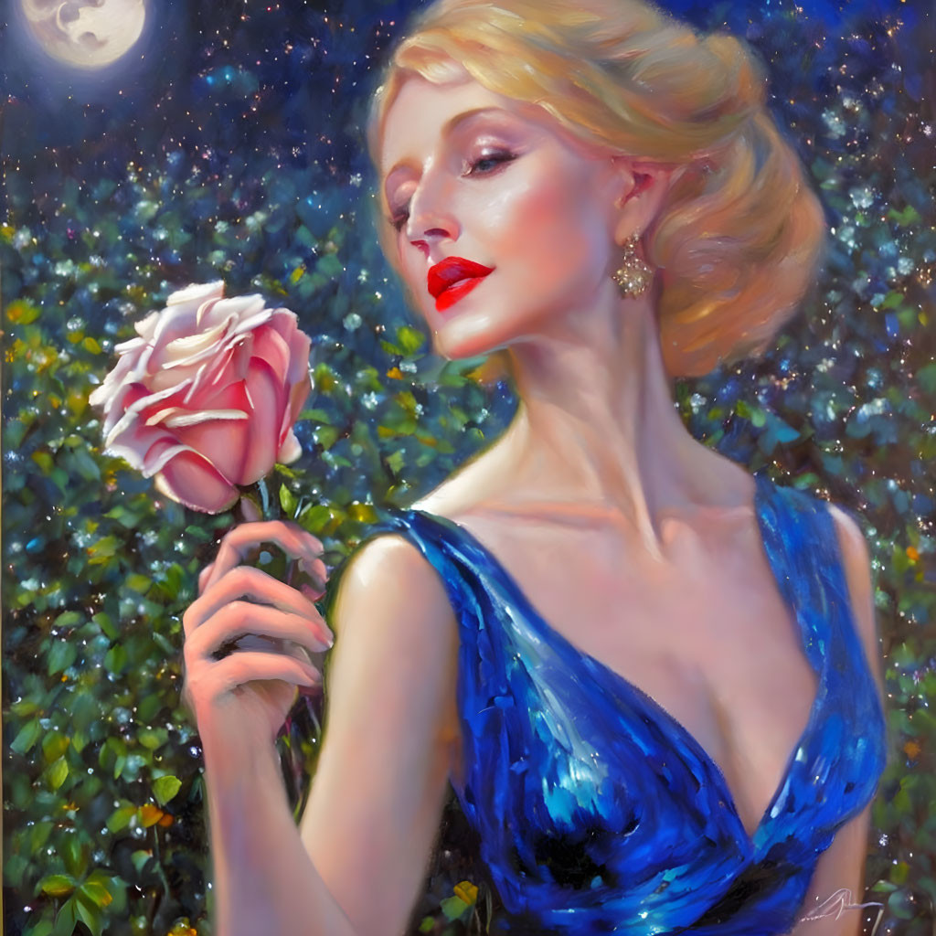 Woman in Blue Dress Holding Rose Under Moonlit Sky