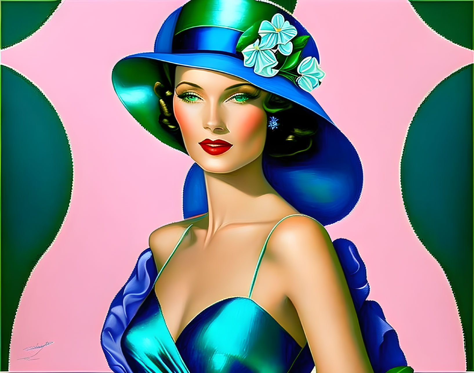 Stylish digital illustration of woman in blue hat and dress