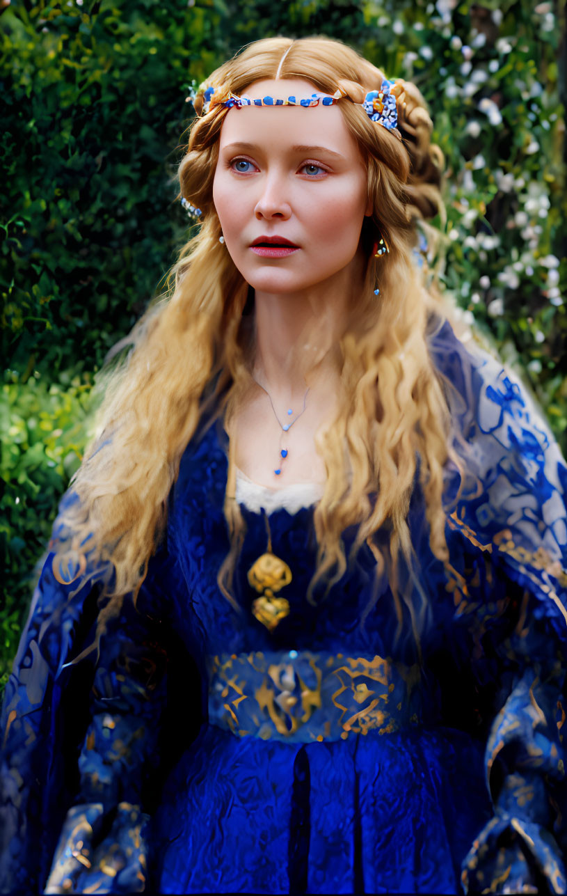 Blonde woman in blue medieval dress with floral headpiece in greenery