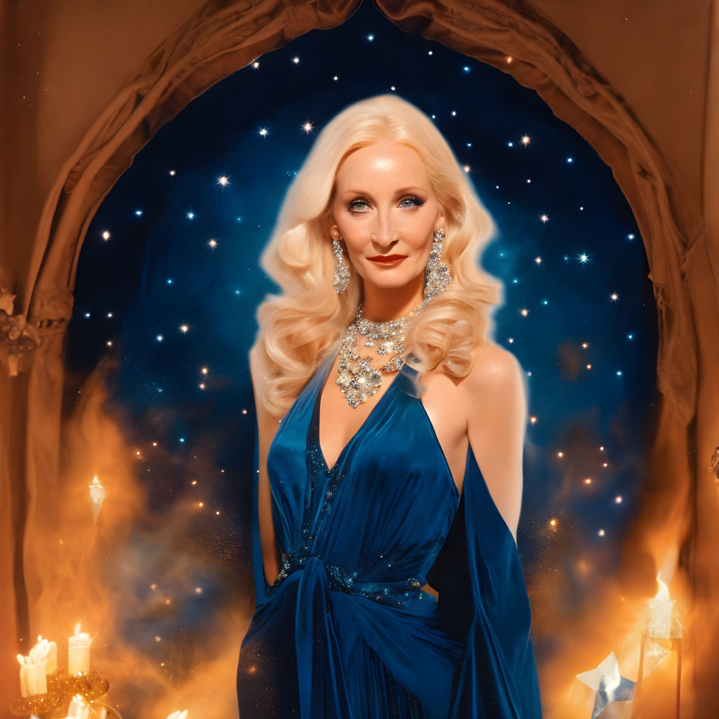 Elegant Woman in Blue Dress Surrounded by Candles and Starry Background