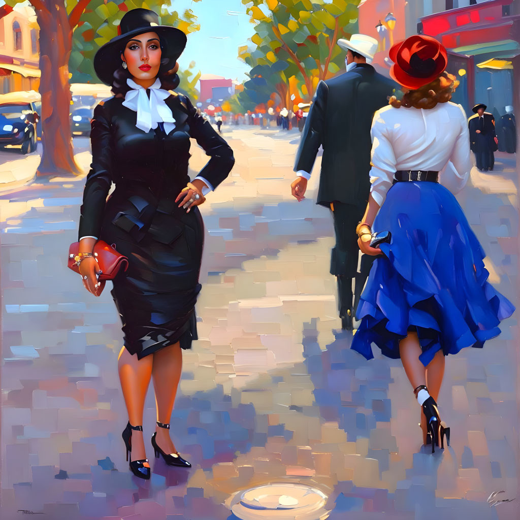 Elegant women in vintage attire strolling on sunny street