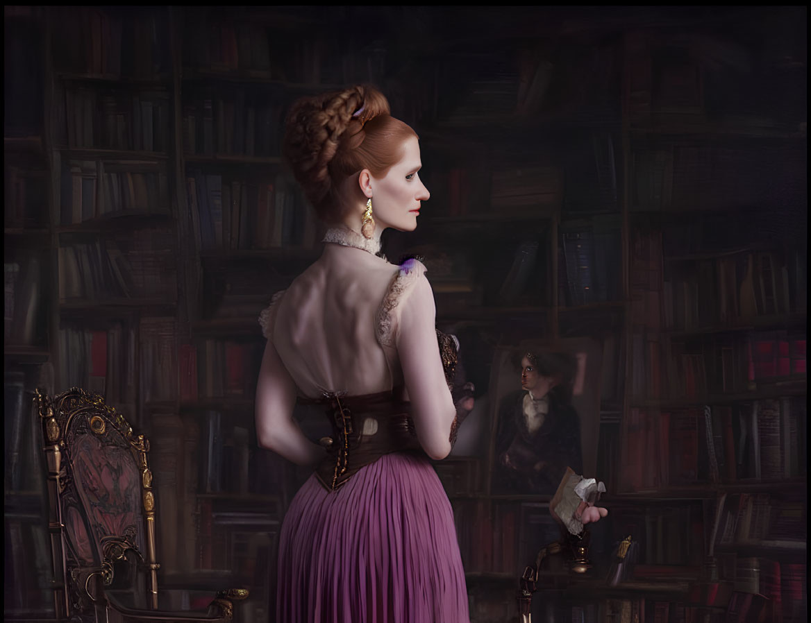 Woman in vintage purple dress admires painting in library