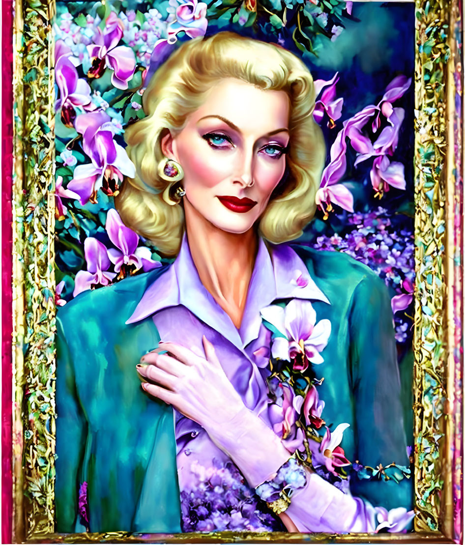 Stylized painting of woman in lavender suit with golden hair among purple flowers