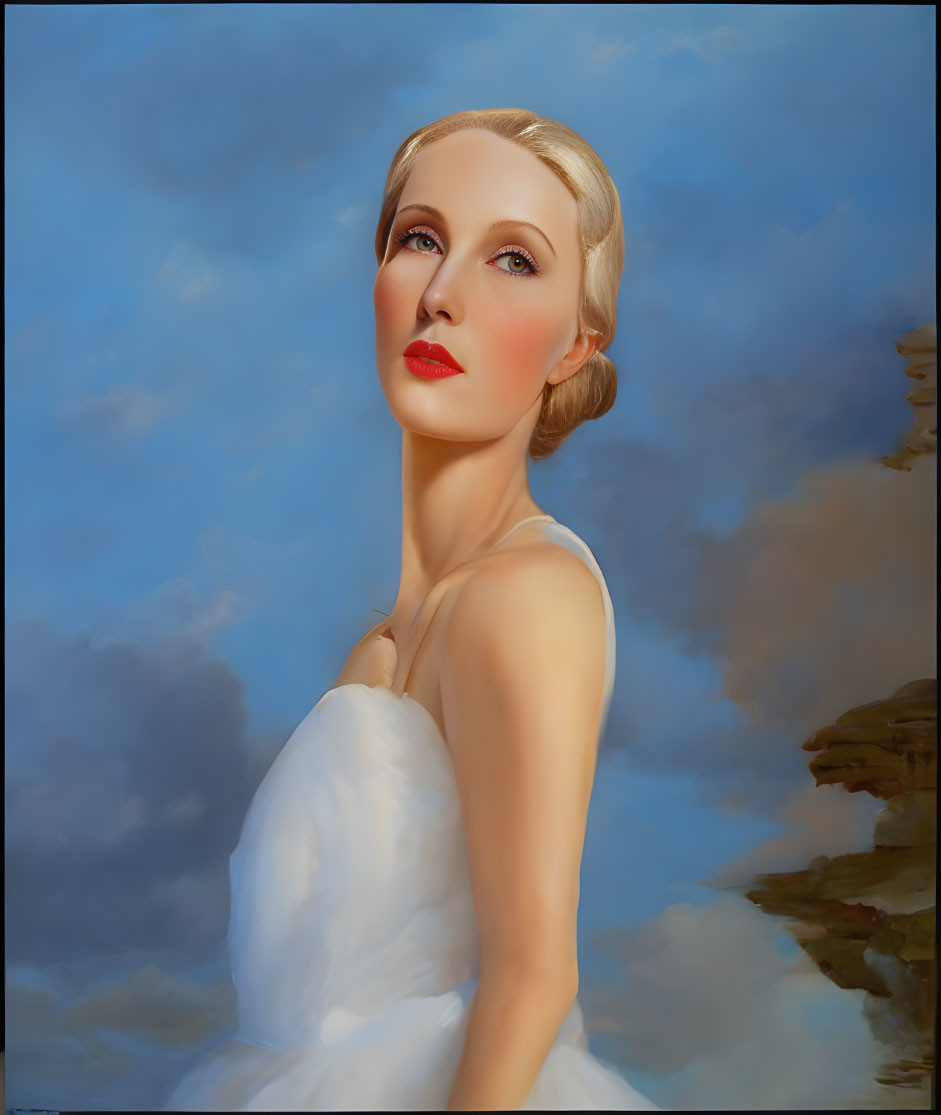 Portrait of woman with fair skin, red lips, blonde hair in white dress against blue sky.