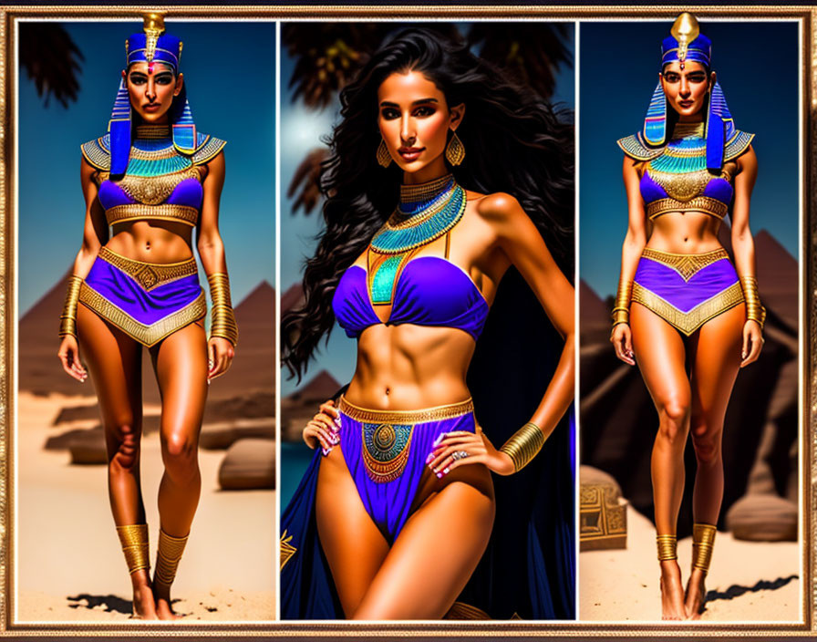 Stylized images of woman in ancient Egyptian attire with pyramids and sphinx.