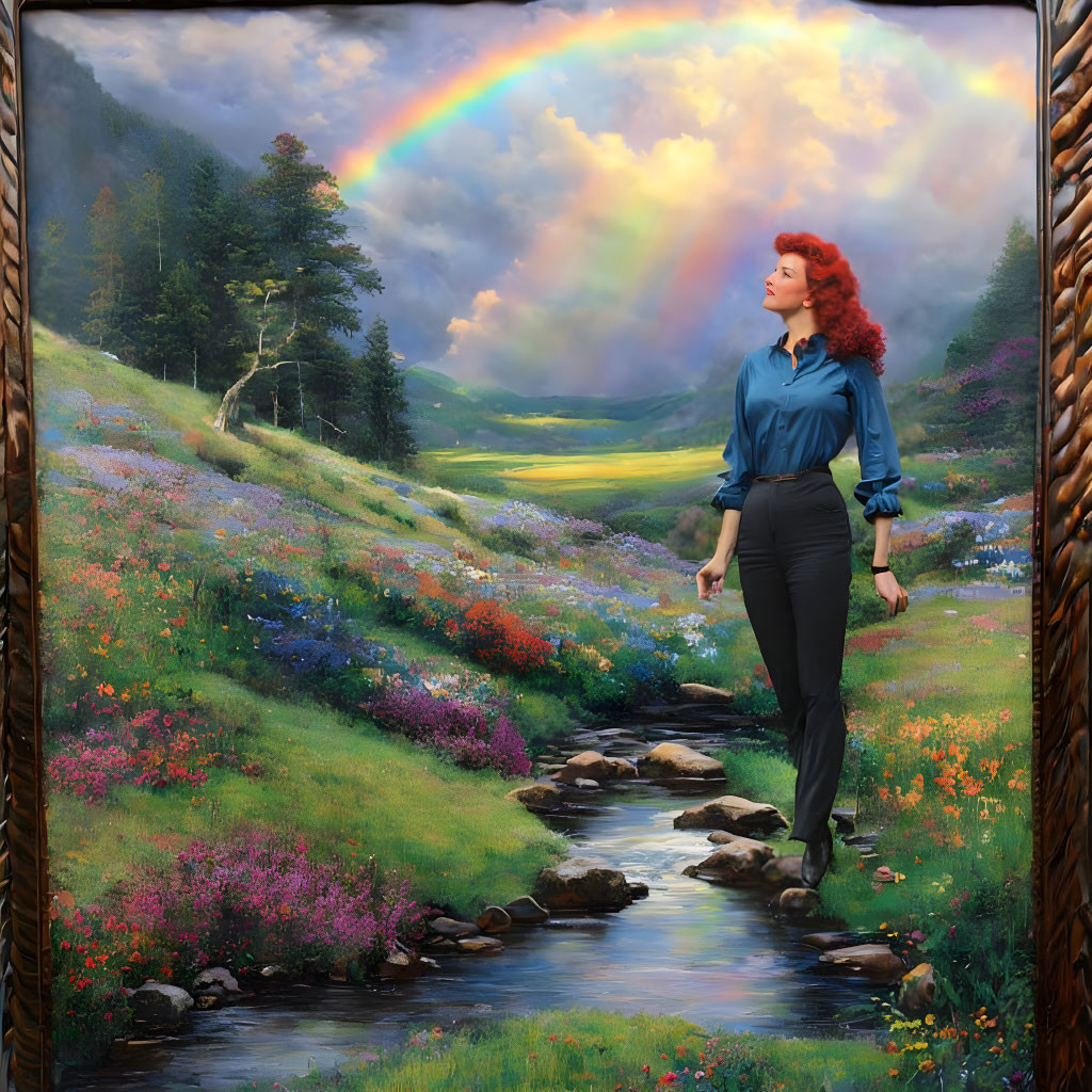 Red-haired woman admires rainbow in colorful landscape with flowers and stream.