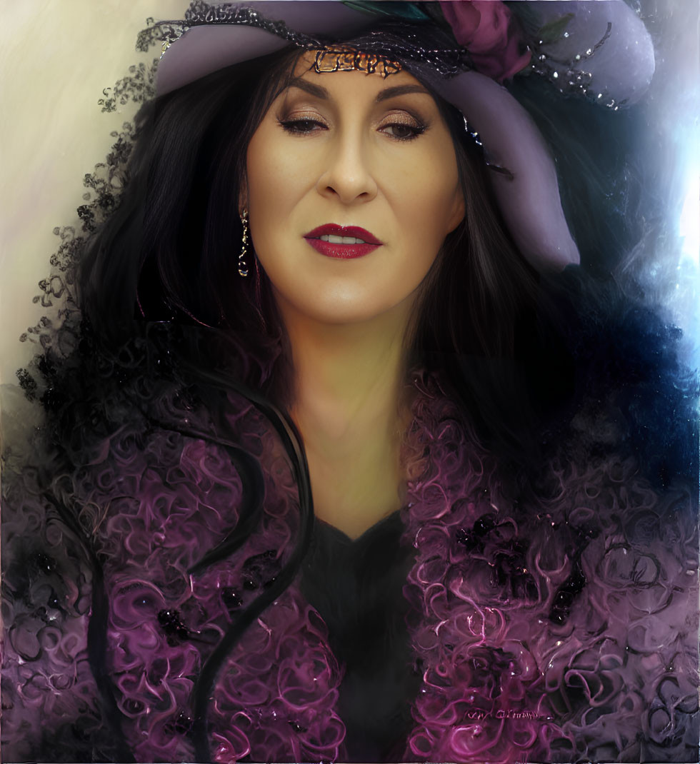 Woman Portrait: Dark Hair, Lavish Purple Hat