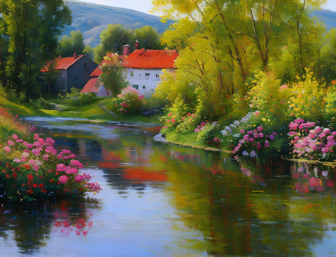 Tranquil river painting with colorful flowery banks & quaint houses.