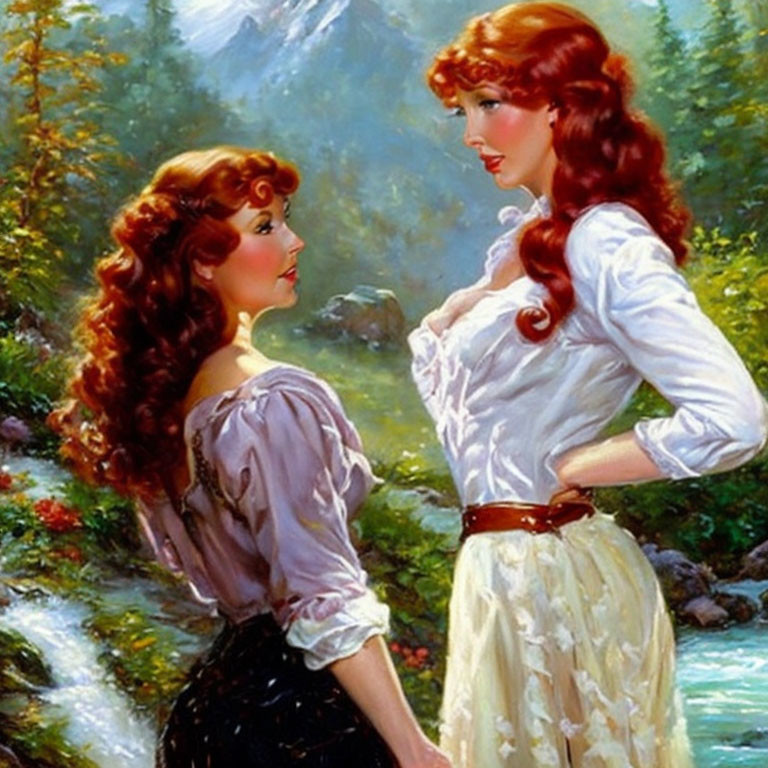 Two women with wavy red hair in vintage clothing near stream in lush forest.