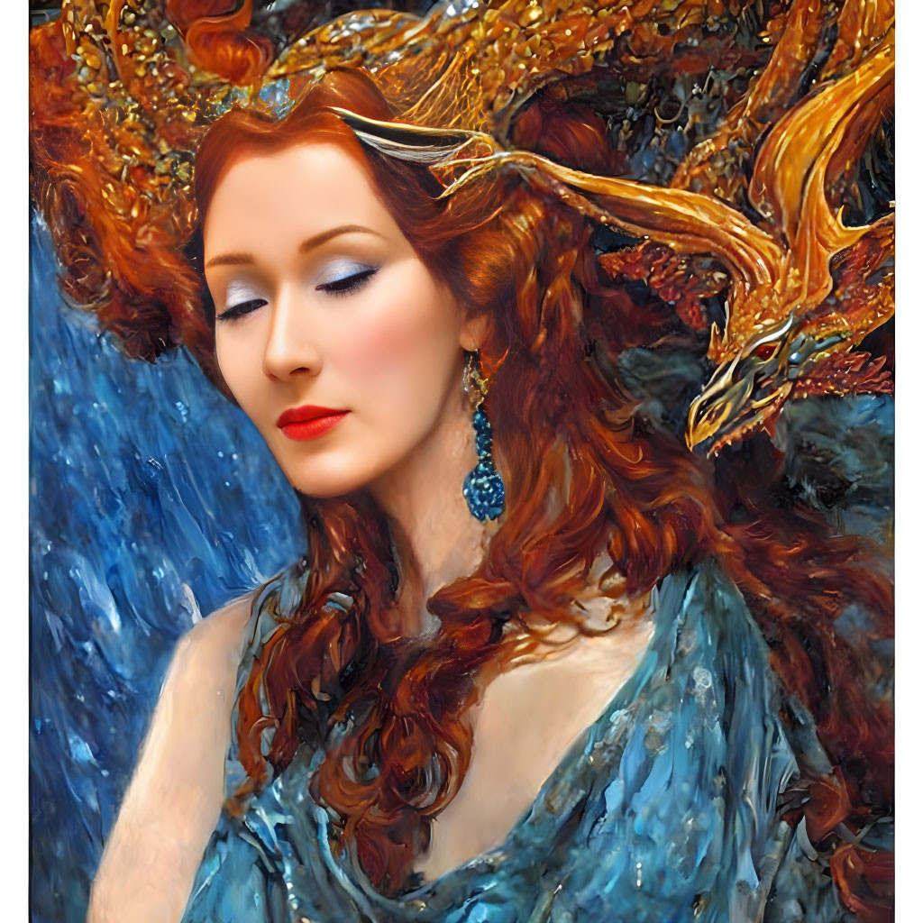 Red-haired woman in blue gown with fiery-winged creature - painterly style