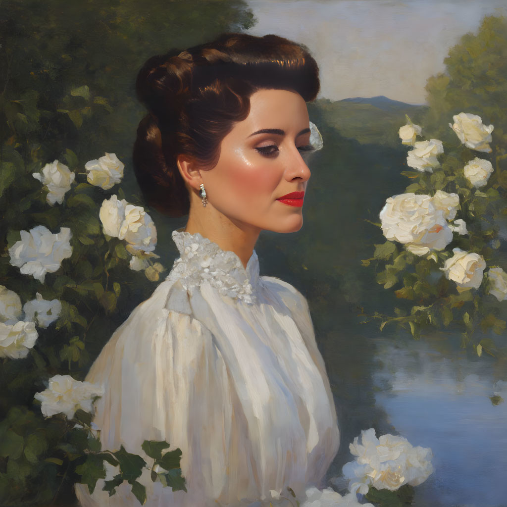 Profile view of elegant woman in white vintage dress with classic updo, set against white roses and lake