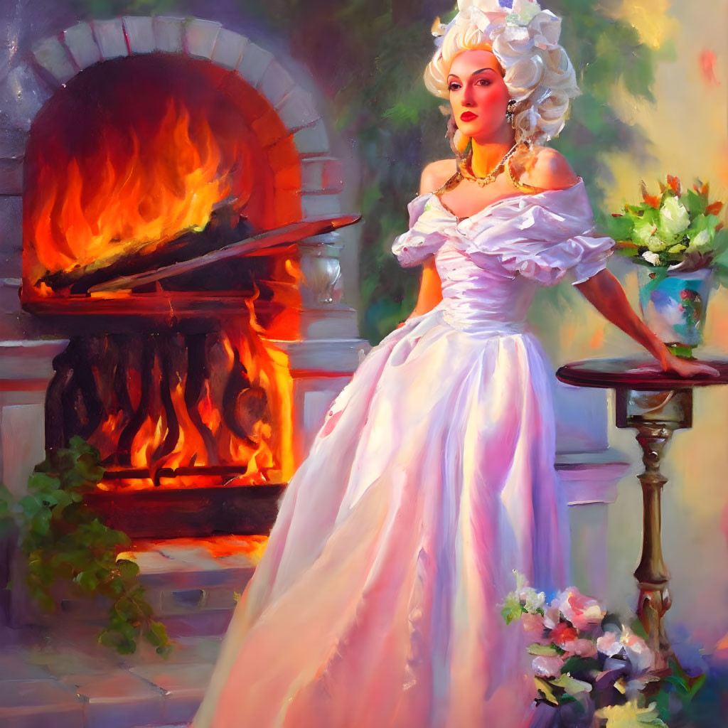 Baroque dress portrait with fireplace backdrop