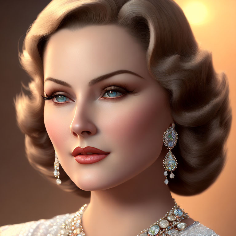 3D rendering of woman with vintage hairstyle, turquoise eyes, elegant jewelry