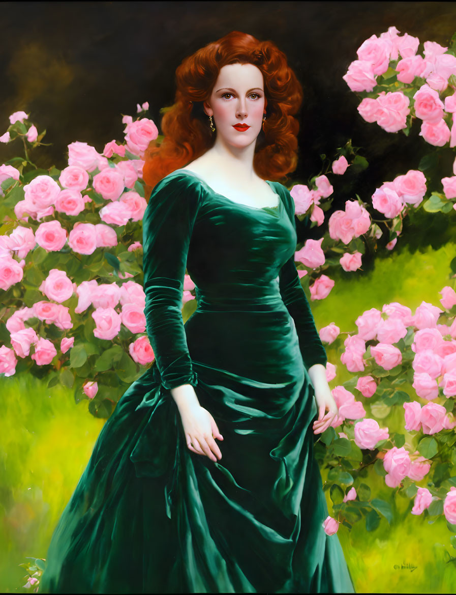 Red-haired woman in green dress surrounded by pink roses.