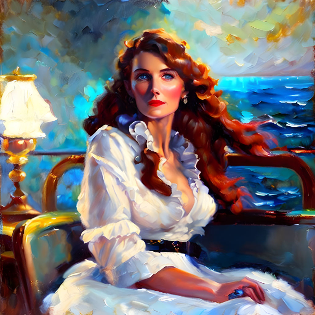 Woman in White Dress Sitting by Sea View with Lamp