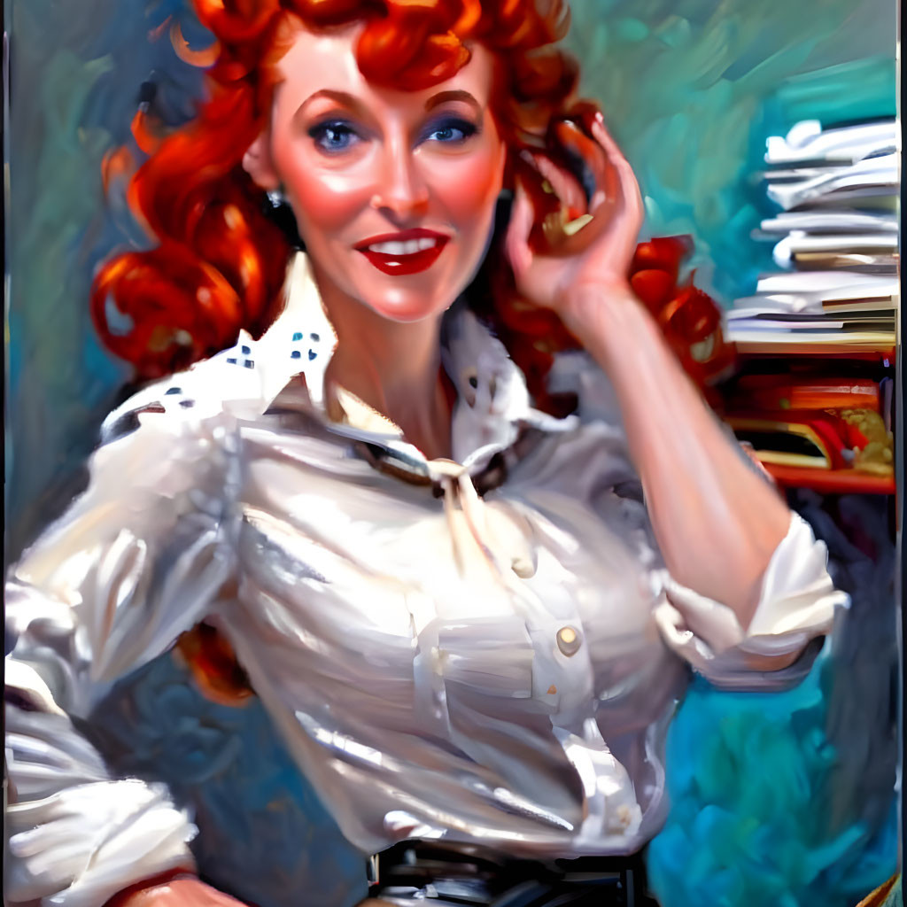 Curly Red-Haired Woman Smiling in White Blouse on Desk with Books