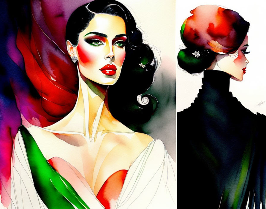 Colorful watercolor artwork featuring two stylized women with bold makeup and dramatic hair.