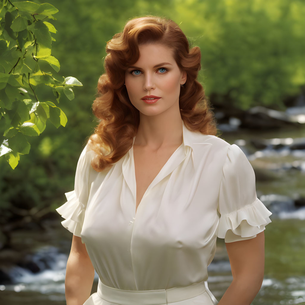 Woman with wavy red hair in cream blouse outdoors by stream