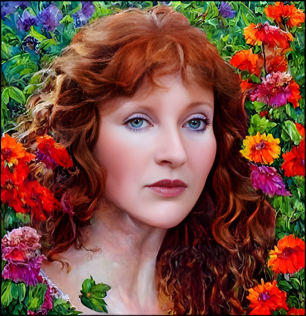 Red-haired woman portrait in vibrant floral background