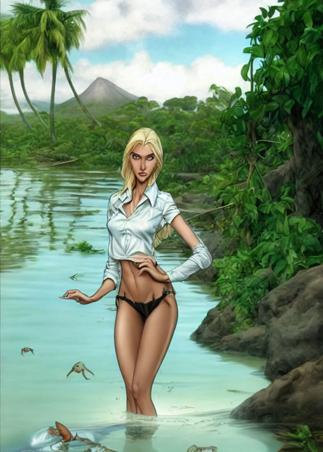 Blonde woman in white shirt and black bikini in jungle stream with volcano and palm trees