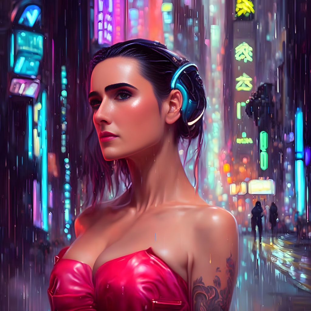 Woman with arm tattoo in red top and headphones against neon cityscape