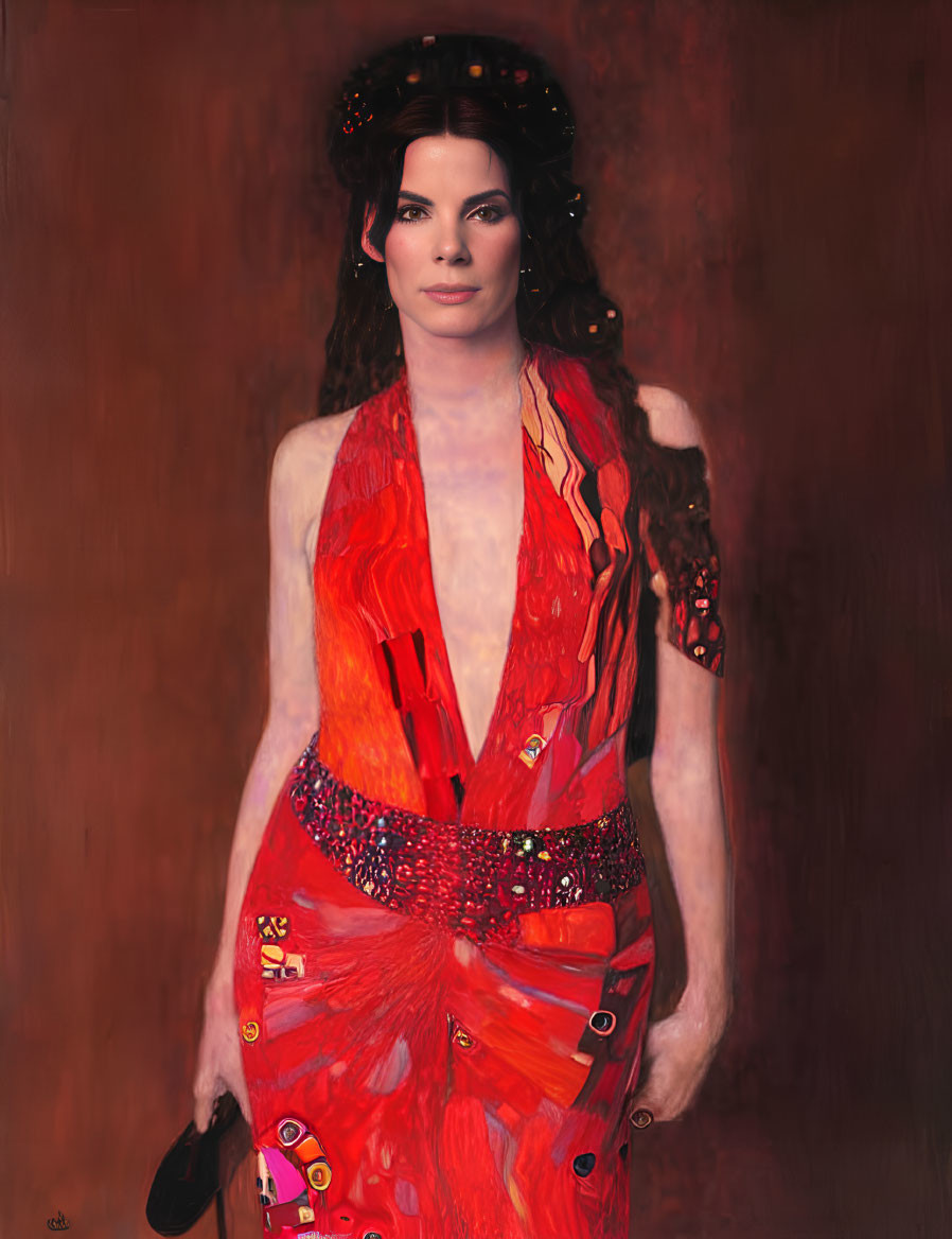 Dark-haired woman in red dress against red-brown background