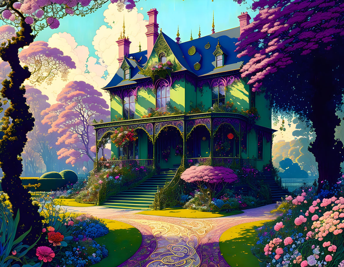 Victorian-style house with colorful gardens and whimsical pathways.