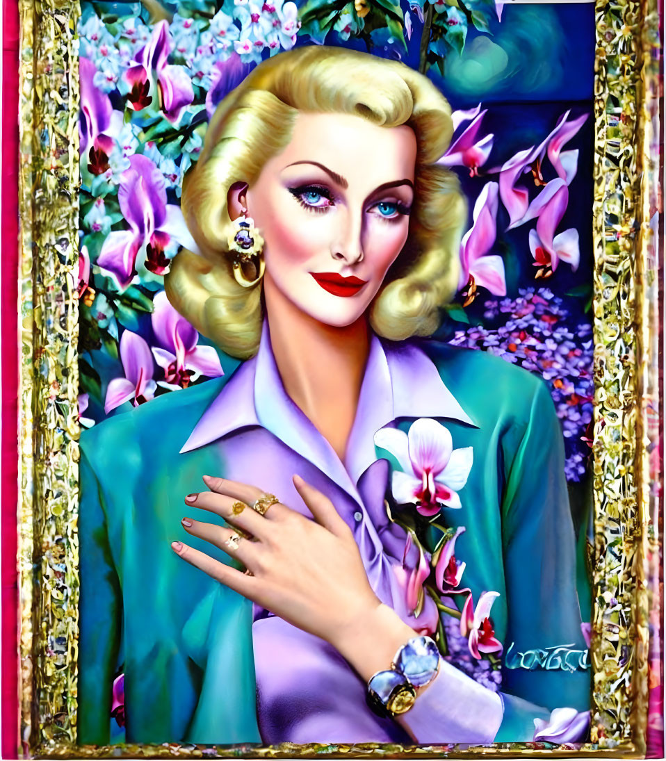 Blonde woman portrait with blue eyes in lilac shirt and gold accessories surrounded by flowers