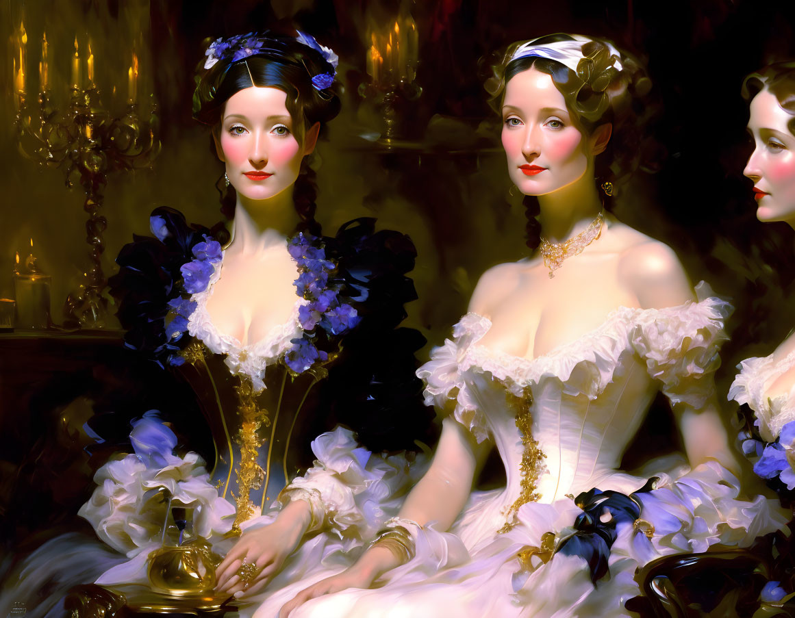 Three women in historical dresses with floral hairstyles in classical oil painting style.