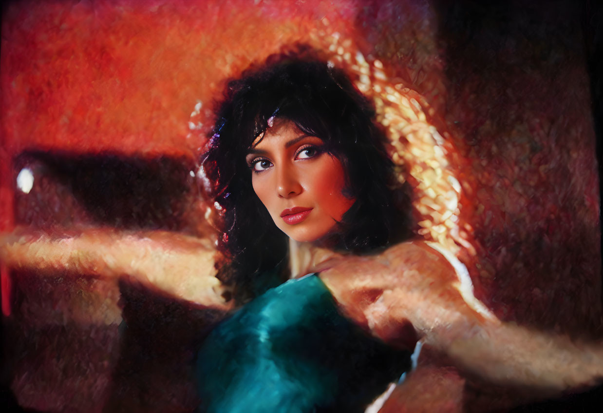 Curly-haired woman in blue top with makeup against vibrant backdrop