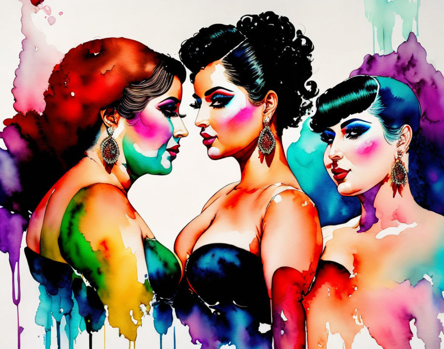 Stylized women with colorful watercolor accents and bold makeup