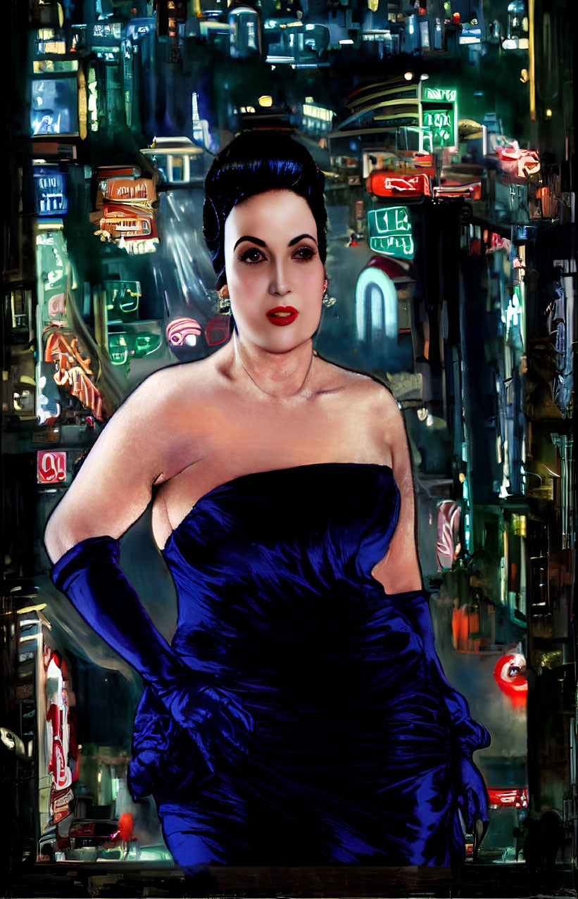 Stylized portrait of woman in strapless blue dress against neon cityscape