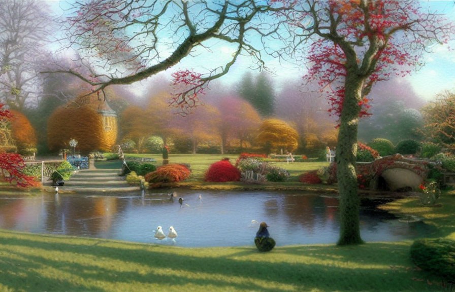 Tranquil garden with pond, swans, bridge, statues, and colorful foliage