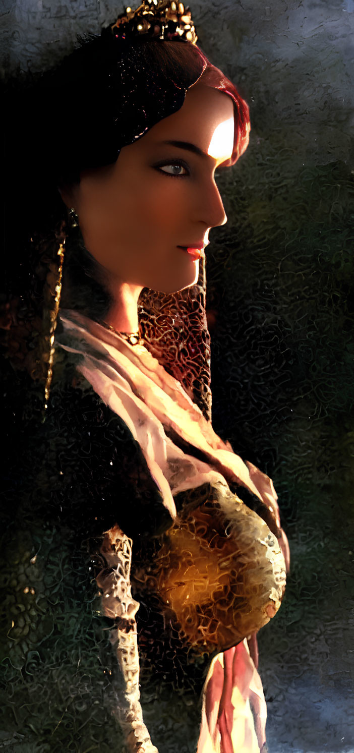 Stylized image of woman in royal attire with crown, warm golden and brown tones