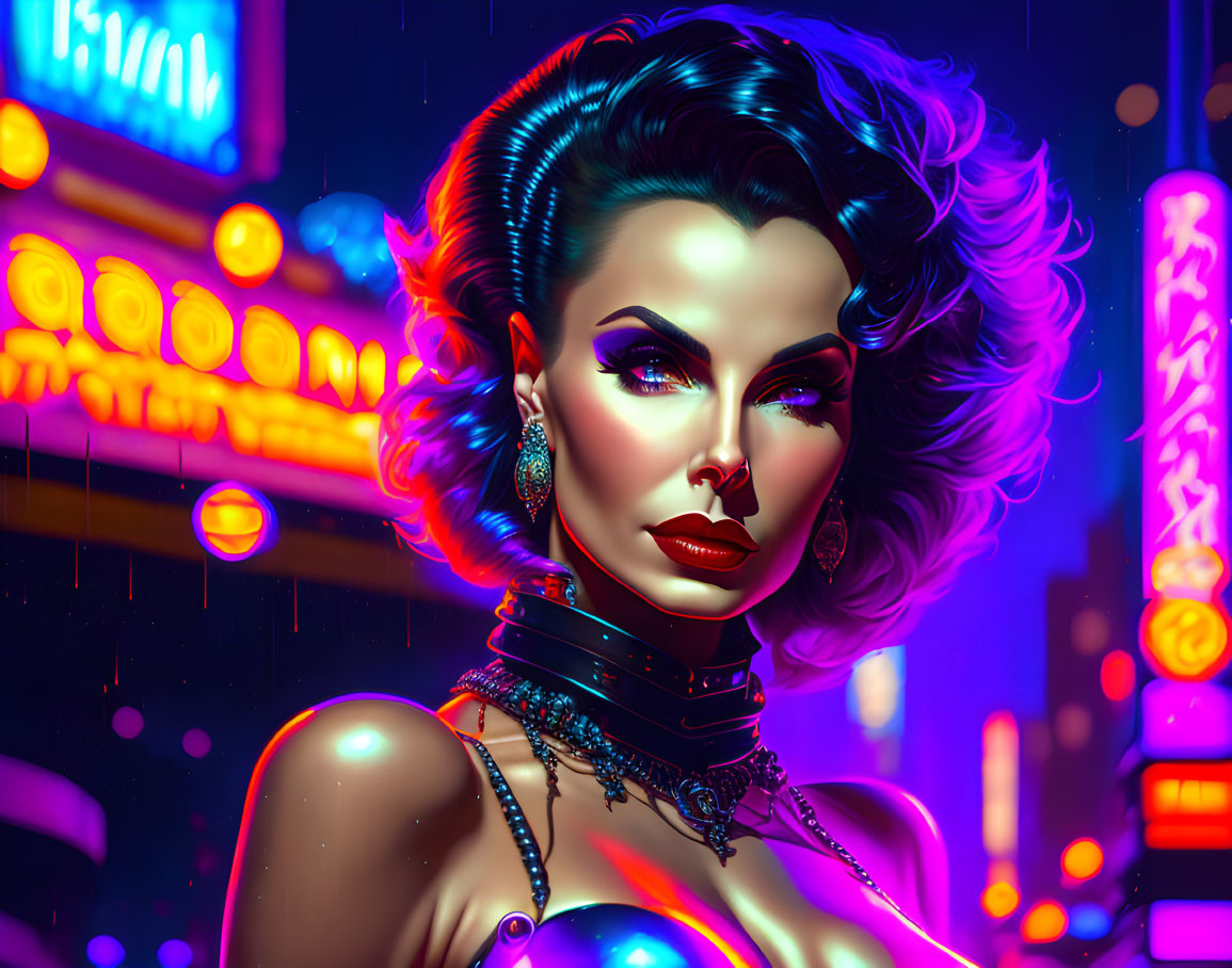 Vibrant digital artwork: Woman with blue hair, bold makeup, and neon city backdrop