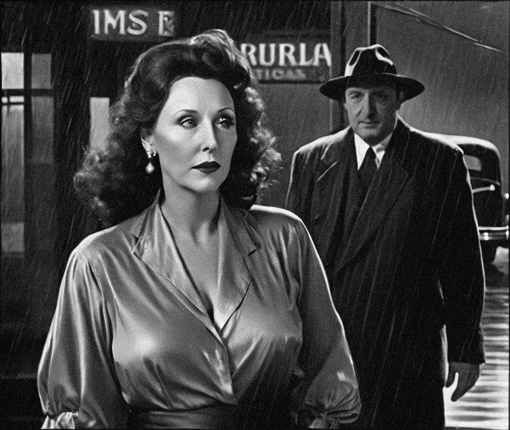 Vintage black-and-white film still: Woman in retro attire, man in fedora and trench coat.