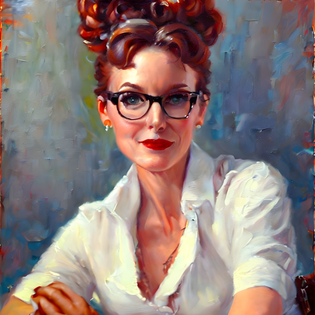 Vivid painting of confident woman with red hair and glasses on blue background