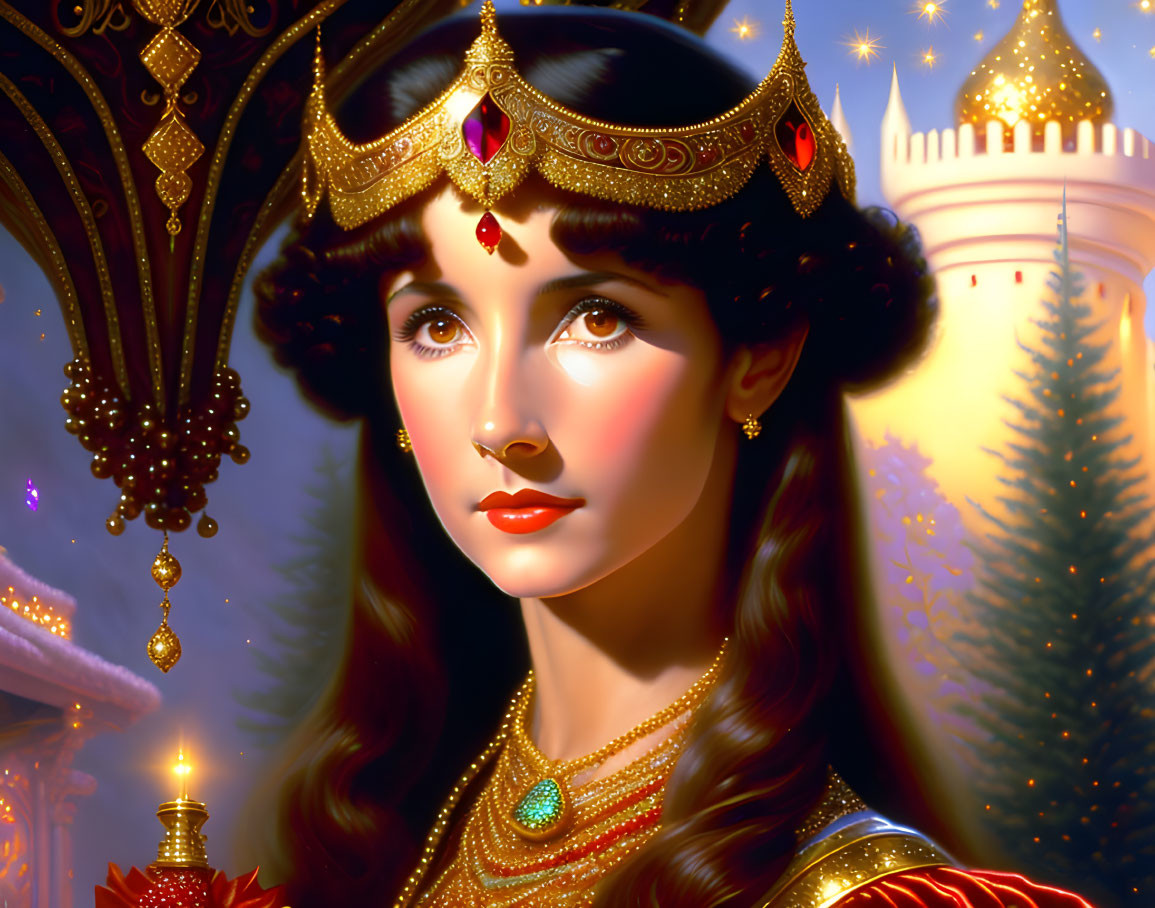 Portrait of woman in royal attire with crown, jewelry, candle, castle, and trees at dusk.