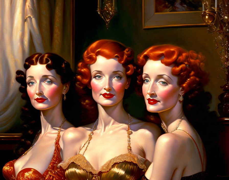 Vintage-style glamour portraits of women with red hair, bold makeup, and golden gowns