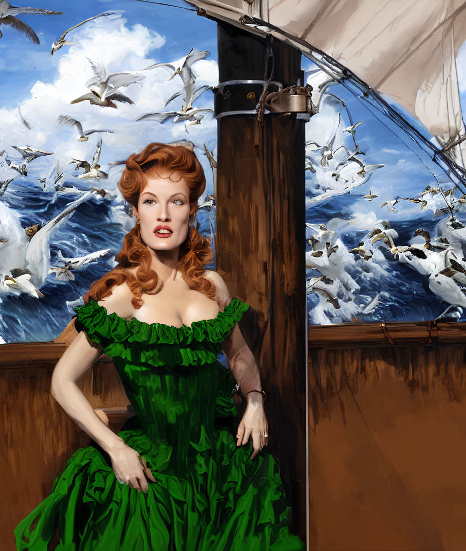 Woman in Green Dress on Boat with Seagulls in Blue Sky