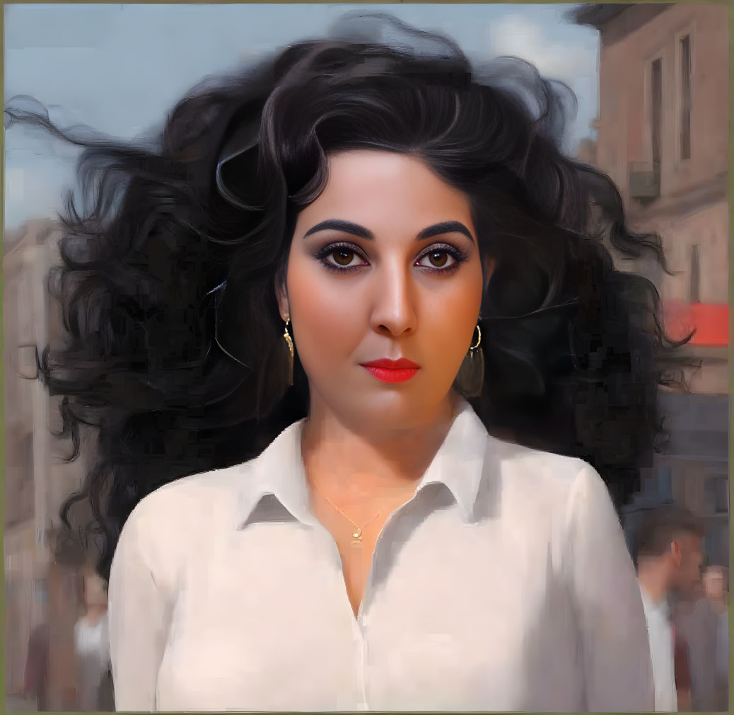 Digital portrait of woman with black hair, dark eyeliner, red lips, white shirt.