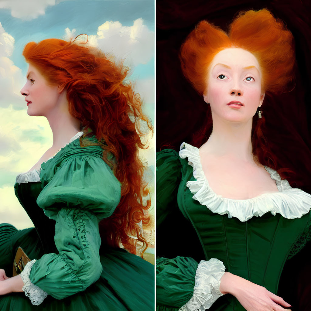 Portrait of Woman with Voluminous Red Hair in Green Period Dress