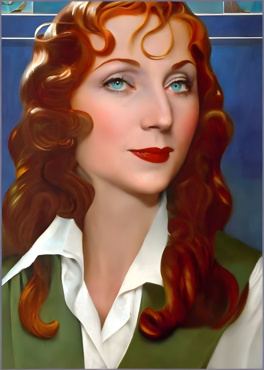 Portrait of woman with red curly hair, blue eyes, red lipstick, white shirt, green vest on