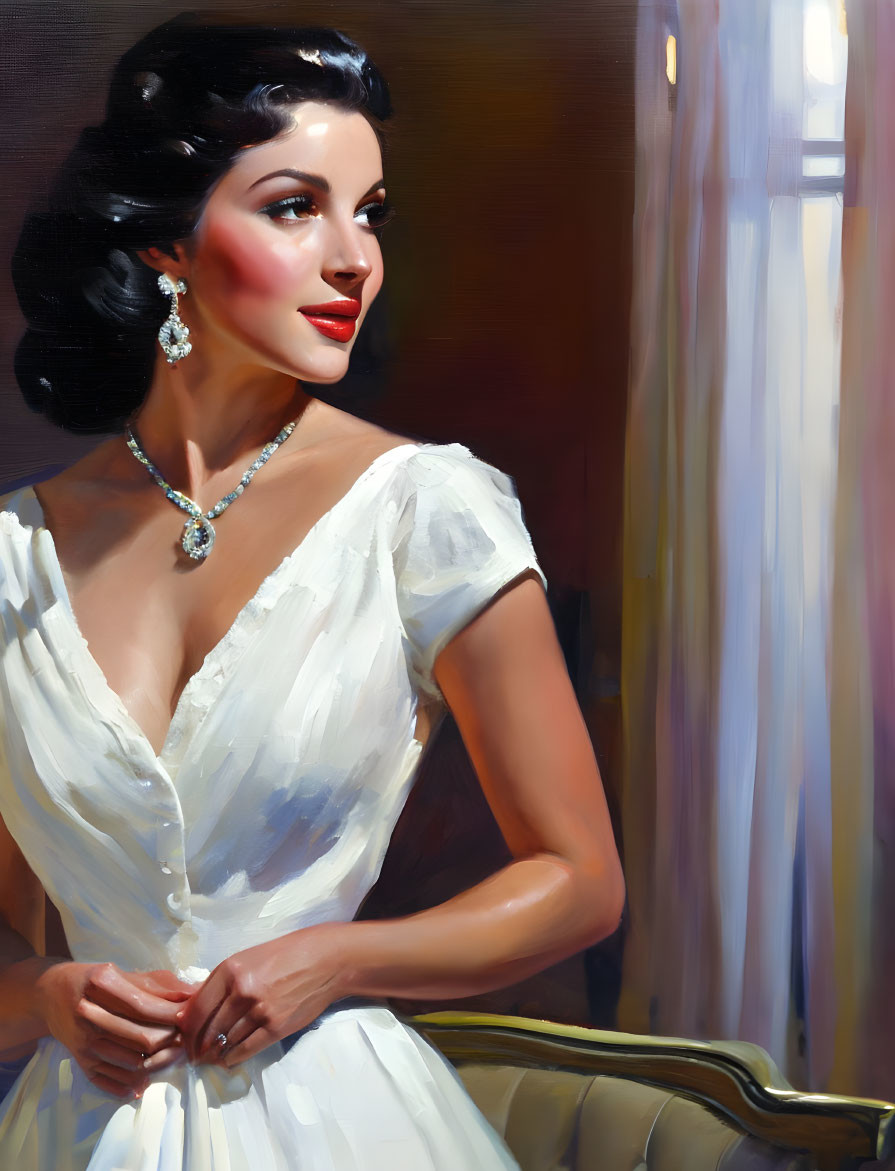 Sophisticated woman in white dress with pearl necklace under soft side light